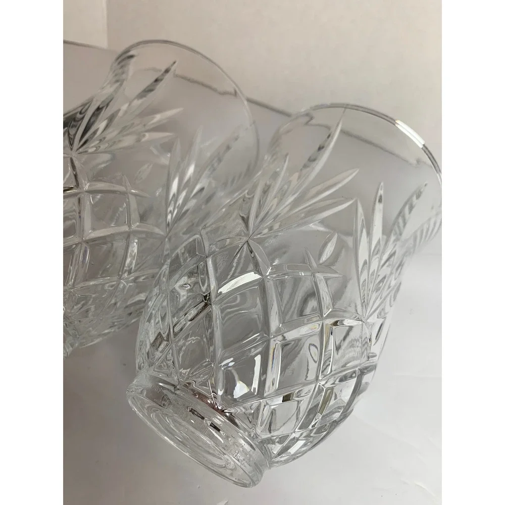 Vintage Clear‎ Cut Glass Hurricane Candle Shades Diamond Leaf Pattern Set of 2